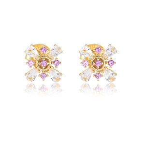 925 silver gold earrings with pink zircon petals and clear teardrop crystals