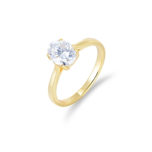 Detail view of oval cut white gemstone set in classic 4-prong gold-plated silver ring