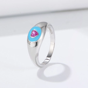 Bague en argent 925 avec émail bleu et zircon étincelant en forme de cœur rose
