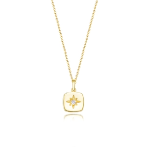 Minimalist gold square pendant necklace with starburst zircon on a white background
