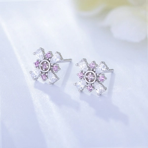 925 silver pink zircon petal stud earrings with white droplet crystals in floral design