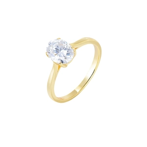 Minimalist gold oval zircon ring with classic four-prong setting on white background