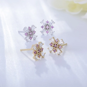 French style 925 sterling silver flower earrings with pink zircons in silver and gold