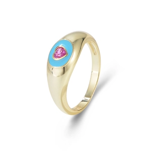 Bague en argent 925 plaqué or avec émail bleu et zircon rose en forme de cœur