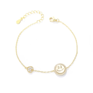 Bracelet en argent sterling 925 doré avec breloques cœur et visage souriant pavés