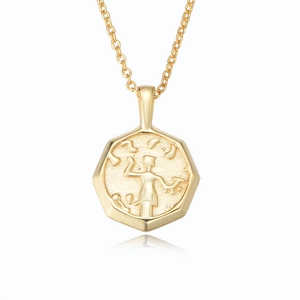 Collier médaille octogonale en argent 925 plaqué or avec portrait en relief vintage