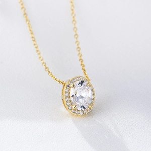 925 Sterling Silver Oval Halo Necklace For Women Micro Pave Zirconia Geometric Clavicle Chain Jewelry Elegant Neckpiece Gift