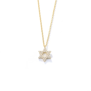 Gold s925 silver hexagram star pendant necklace with micro-paved zircons on white background