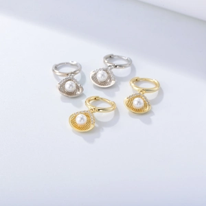 S925 sterling silver shell pearl drop earrings in gold and silver finishes with zircons