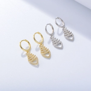 S925 sterling silver fishbone drop earrings with sparkling cubic zirconia in gold and silver