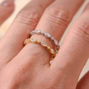 S925 sterling silver stacked rings with marquise and round diamonds and milgrain detailing