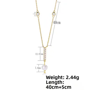 Detailed view of S925 silver pearl necklace with zircon pendant and dimension markings