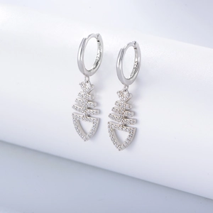 Elegant S925 sterling silver fishbone drop earrings featuring sparkling cubic zirconia