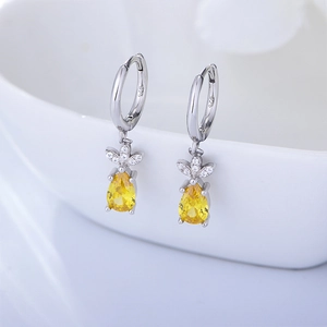 S925 sterling silver pineapple earrings with yellow pear-cut zircon and leaf accents
