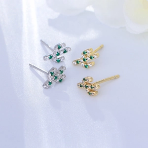 Boucles d'oreilles cactus en argent S925 avec zircons verts et blancs sertis