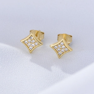 925 Argento Sterling Orecchini a Bottone Rombo Donna Zirconia Stella Geometrico Elegante Oro Argento Placcato Gioielli