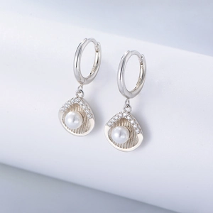 Elegant S925 sterling silver shell earrings with pearls and micro-pave crystals