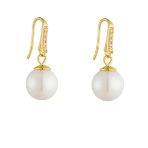 Elegant Round Shell Artificial Pearl Drop Earrings With 925 Sterling Silver Earring Post And Sparkling Zircon Inlaid For Women