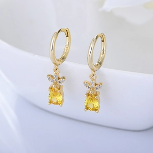 S925 Sterling Silver Pineapple Huggie Hoop Earrings Yellow Water Drop Rhinestone Fruit Dangle Earrings For Women Cute Jewelry