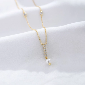 925 Sterling Silver Artificial Pearl Necklace Geometric Bar Zircon Pendant Minimalist Clavicle Chain For Women Elegant Jewelry