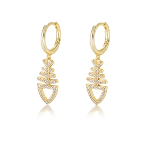 Elegant gold fishbone drop earrings in S925 sterling silver with sparkling white zircon