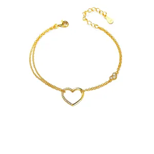 Bracelet Chaîne à Double Couche en Argent Sterling 925 Pour Femme Cœur Strass Incrusté Réglable Bijoux de Mode Cadeau