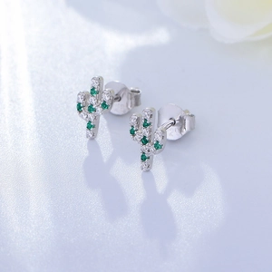 Boucles d'oreilles cactus en argent S925 avec zircons verts et blancs étincelants
