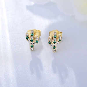 Boucles d'Oreilles Clous Cactus en Argent Sterling S925 Avec Zirconia Vert Blanc Petite Plante Tropicale Bijoux Doux pour Femme