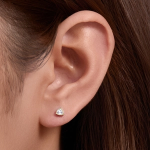 S925 sterling silver triangle stud earring with cubic zirconia on female model ear