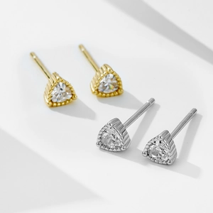 S925 sterling silver triangle stud earrings set with sparkling zircon in gold and silver