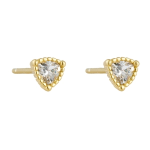 Golden S925 sterling silver triangle stud earrings with clear zircon and beaded bezel