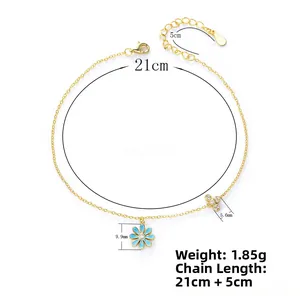 Detail view of S925 silver daisy anklet with size measurements and 21+5cm chain length