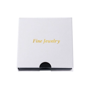 Minimalist white PE film floating jewelry box with gold Fine Jewelry font and drawer design