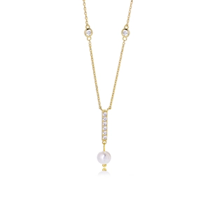 S925 Sterling Silver Gold Necklace with Zircon Geometric Bar and White Pearl Pendant