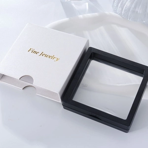 PE film floating jewelry display box set with Fine Jewelry embossed outer paper sleeve