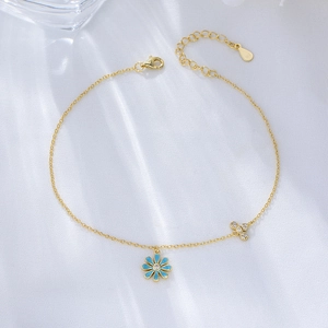 925 Sterling Silver Daisy Anklet For Women Gold Silver Blue Enamel Flower Rhinestone Butterfly Pendant Foot Jewelry Gift