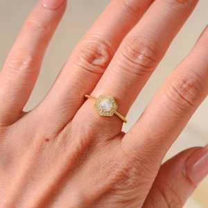 Natural moonstone hexagon ring in gold sterling silver with zircon accents for women