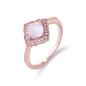 Square pink quartz 925 sterling silver ring with rose gold finish and diamond accents