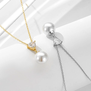 925 silver pearl necklace with triangular zircon pendant in gold and silver finish