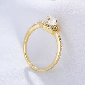 Natural moonstone 925 sterling silver ring with gold plating and vintage beaded texture