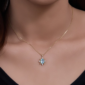 S925 silver necklace featuring a rectangular sky blue topaz pendant on a gold chain