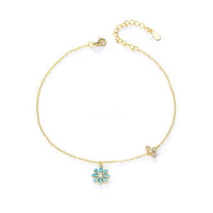 Elegant 925 silver gold anklet with blue daisy and clover pendants on white background