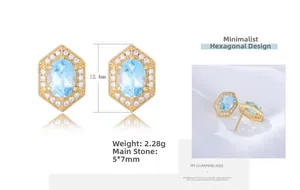 Detailed view of hexagonal blue topaz earrings with dimensions 12.4mm and 5x7mm stone