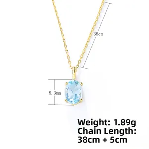 Close-up of 8.3mm sky blue topaz pendant with 38cm gold chain and dimensions