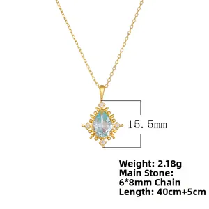 Detail of 6x8mm teardrop sky blue topaz pendant with dimensions and adjustable gold chain