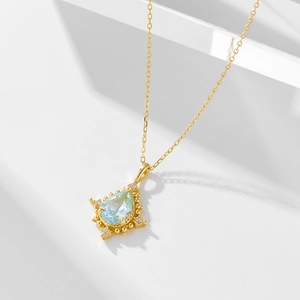 925 Sterling Silver Teardrop Blue Stone Pendant Necklace Gold Plated Rhinestone Waterdrop Necklaces For Women Fine Jewelry Gift