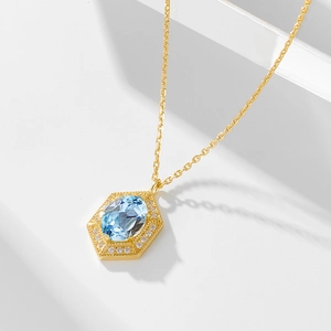 925 Sterlingsilber Himmelblau Topas Halskette Vergoldet Sechseck Anhänger Strass Eingelegt Damen Schmuck