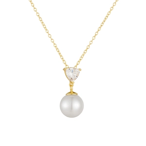 Elegant 925 silver gold necklace with triangle zircon and white pearl pendant