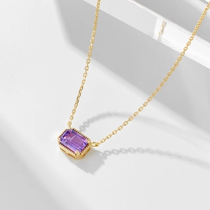 925 Sterling Silver Amethyst Necklace For Women Elegant Rectangular Purple Stone Pendant Gold Plated Minimalist Clavicle Chain Jewelry