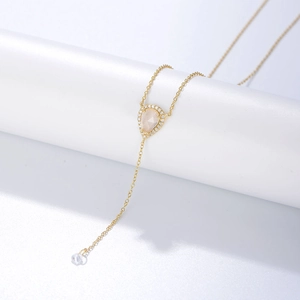 Collier en Y en Argent Sterling 925 Quartz Rose Goutte d'Eau Plaqué Or avec Gland Bijoux Minimalistes pour Femmes
